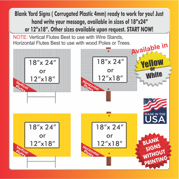 YELLOW 10 pack Blank Yard Signs 18Hx12W with H-stakes FREE SHIPPING 